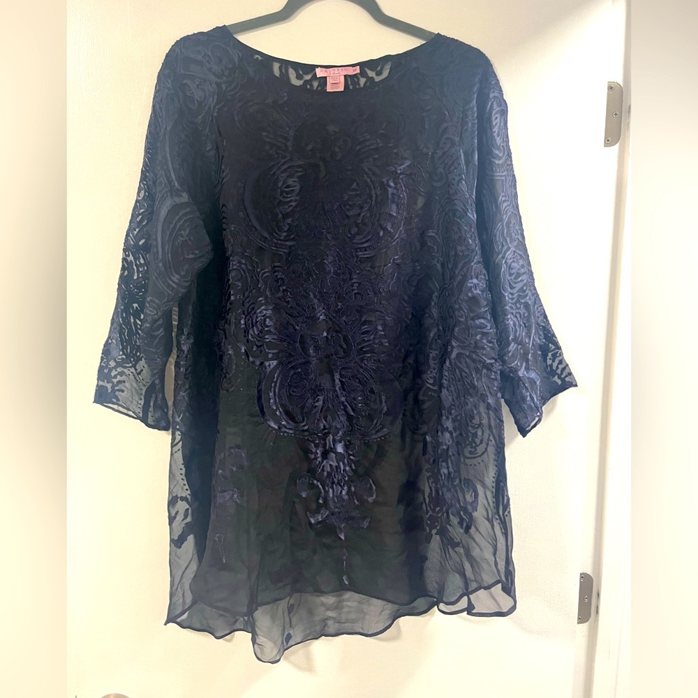 Calypso St Barth Sheer silk and velvet inlaid pattern top midnight blue M